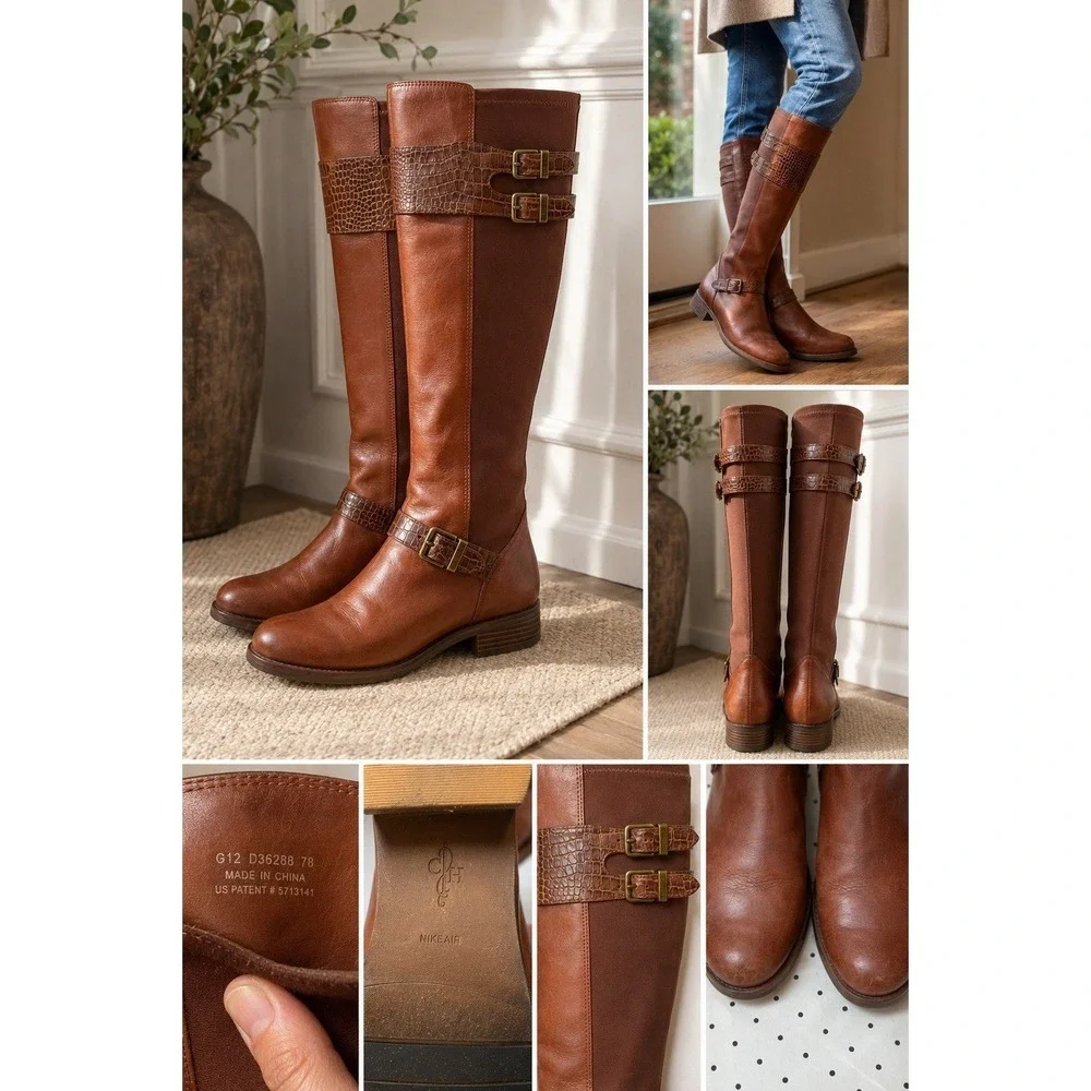 Cole Haan NikeAir Brown Leather Knee High Riding Boots Stretch Back Women's 7B